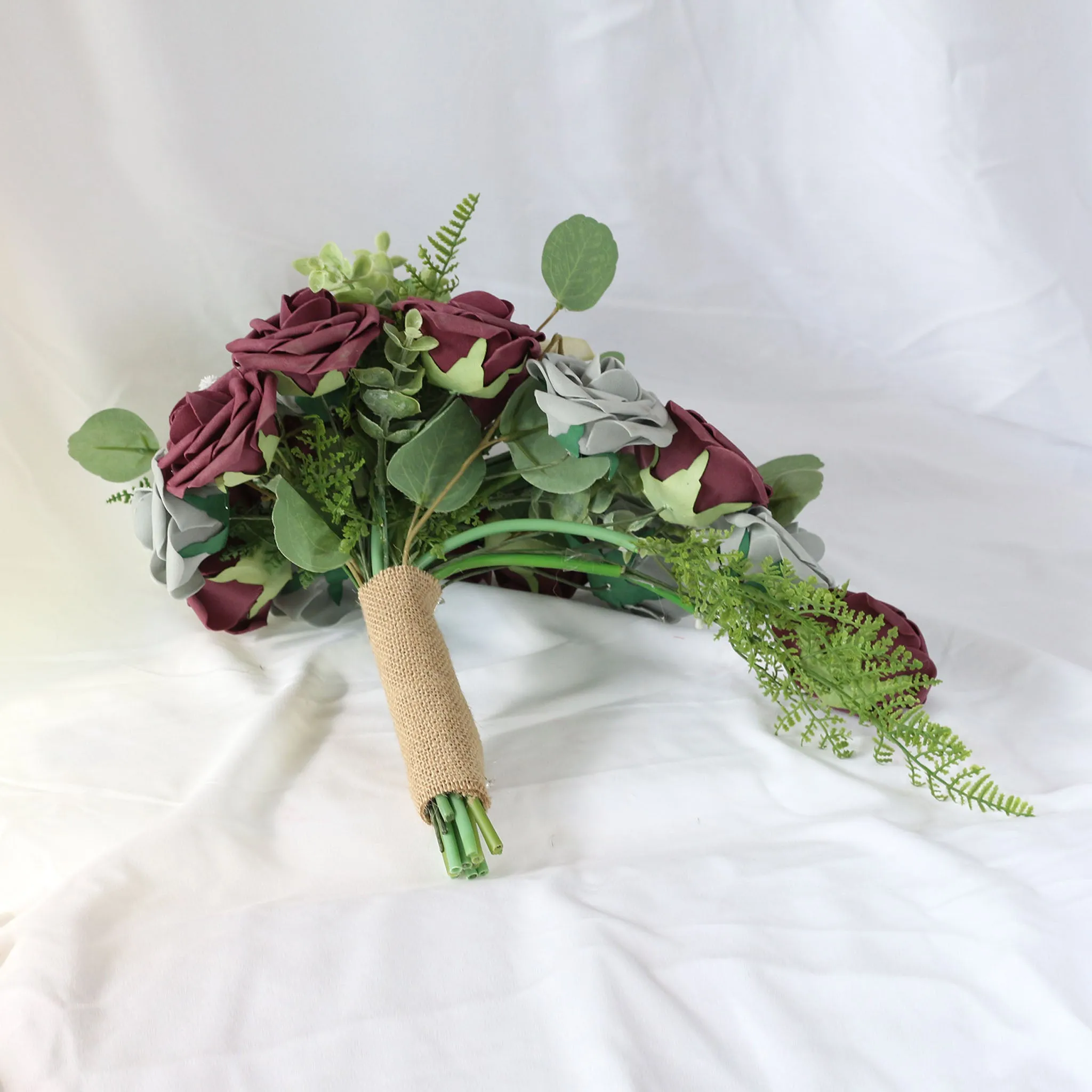 Plum Gray Roses Cascading Bouquet Fake Flower Greenery Bouquet