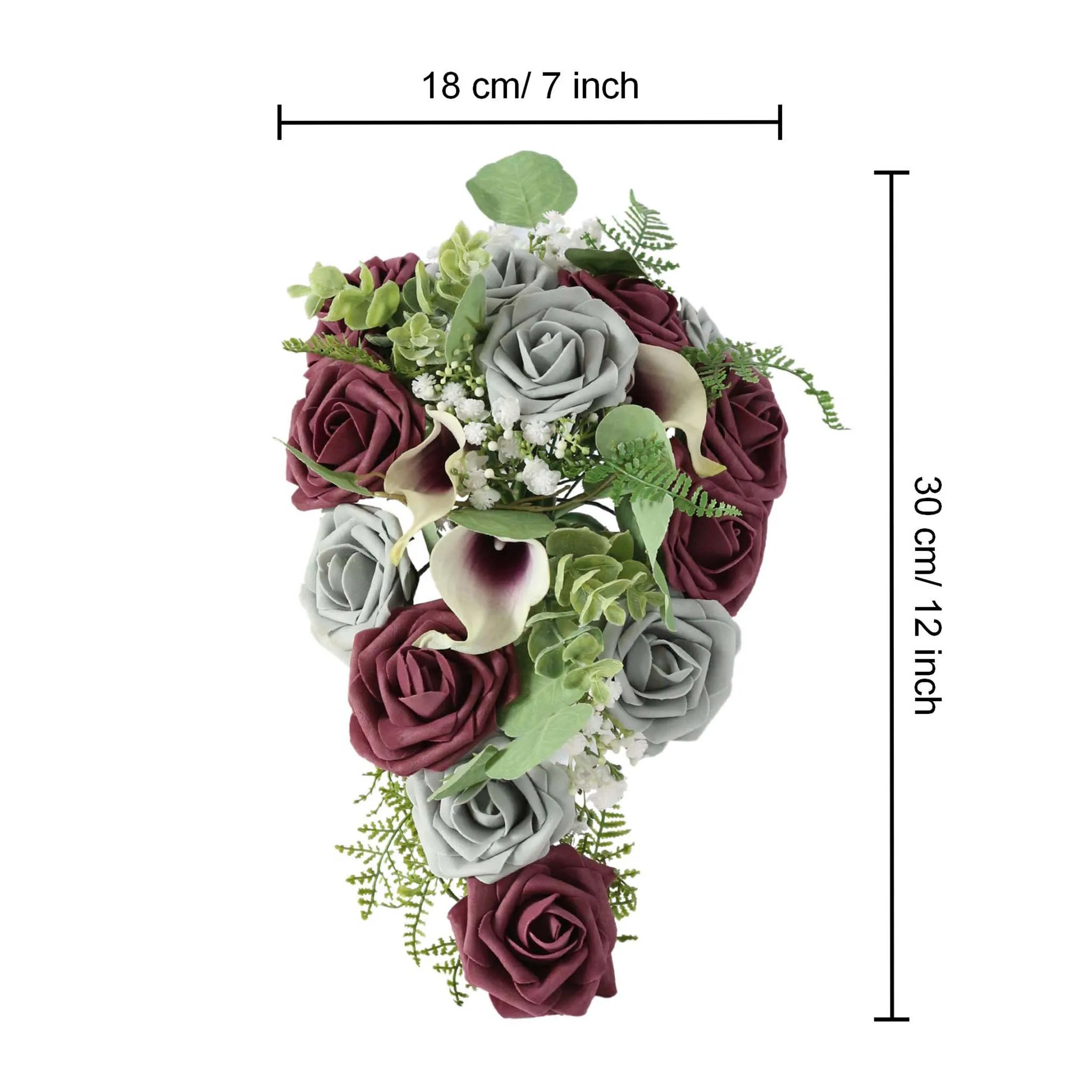 Plum Gray Roses Cascading Bouquet Fake Flower Greenery Bouquet