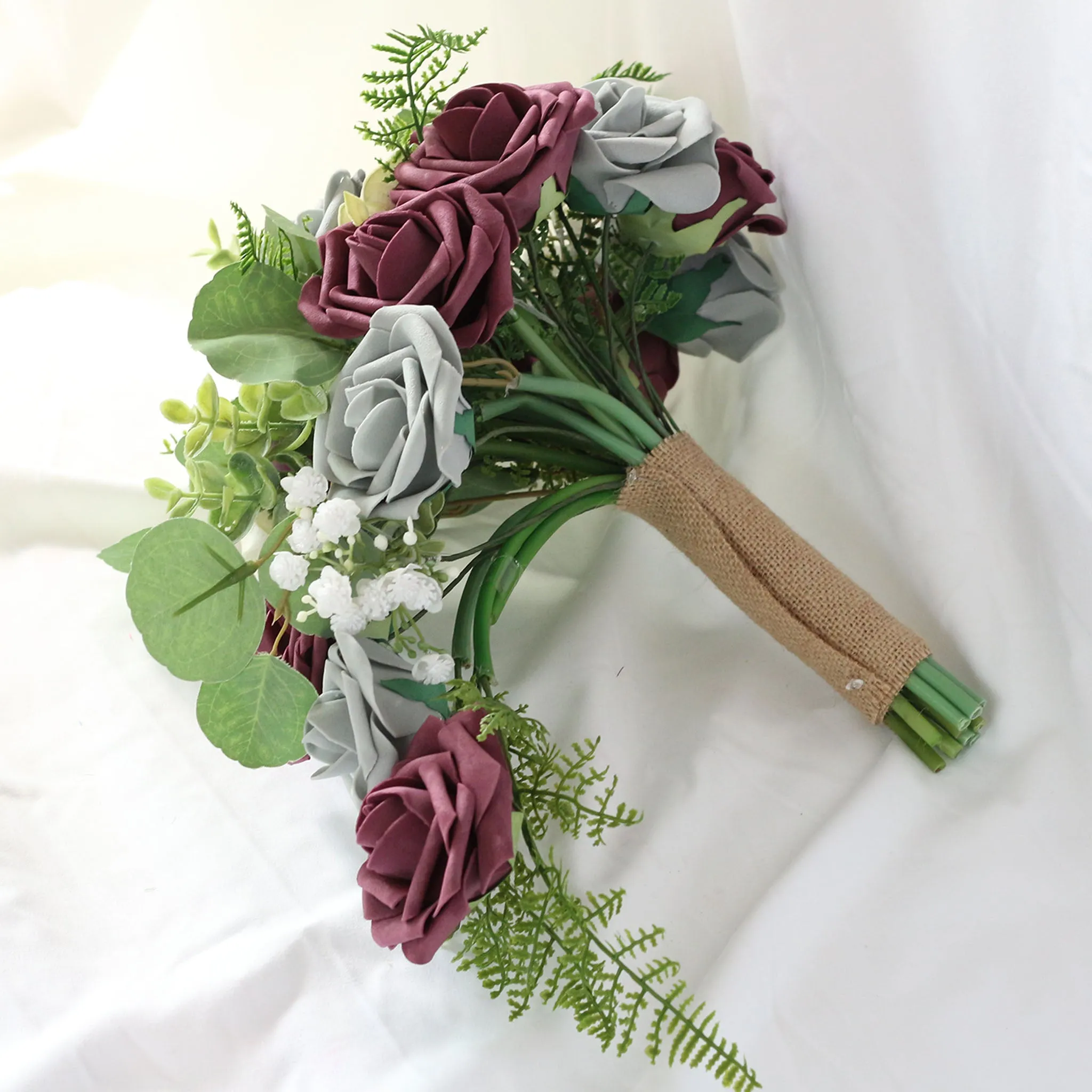 Plum Gray Roses Cascading Bouquet Fake Flower Greenery Bouquet