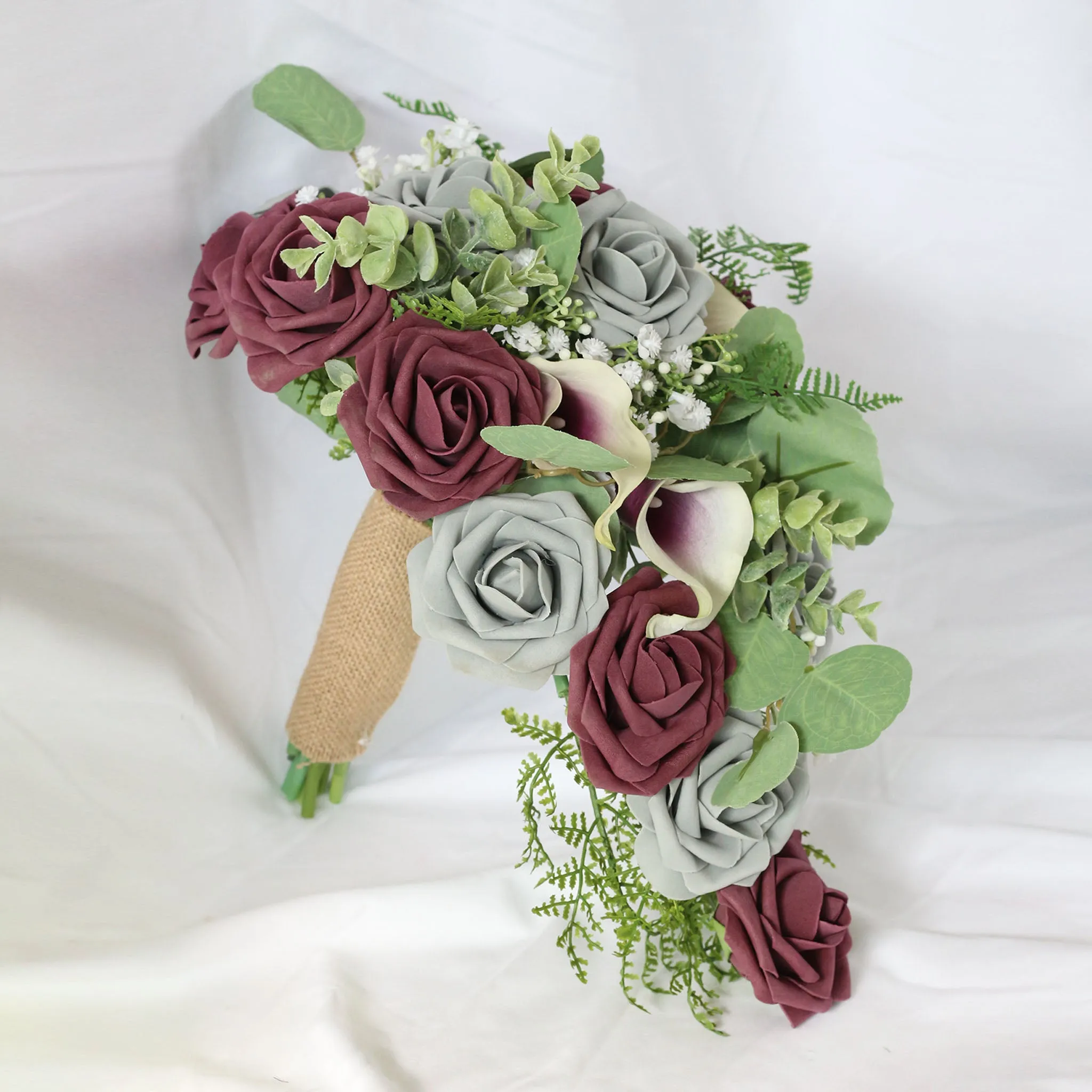 Plum Gray Roses Cascading Bouquet Fake Flower Greenery Bouquet