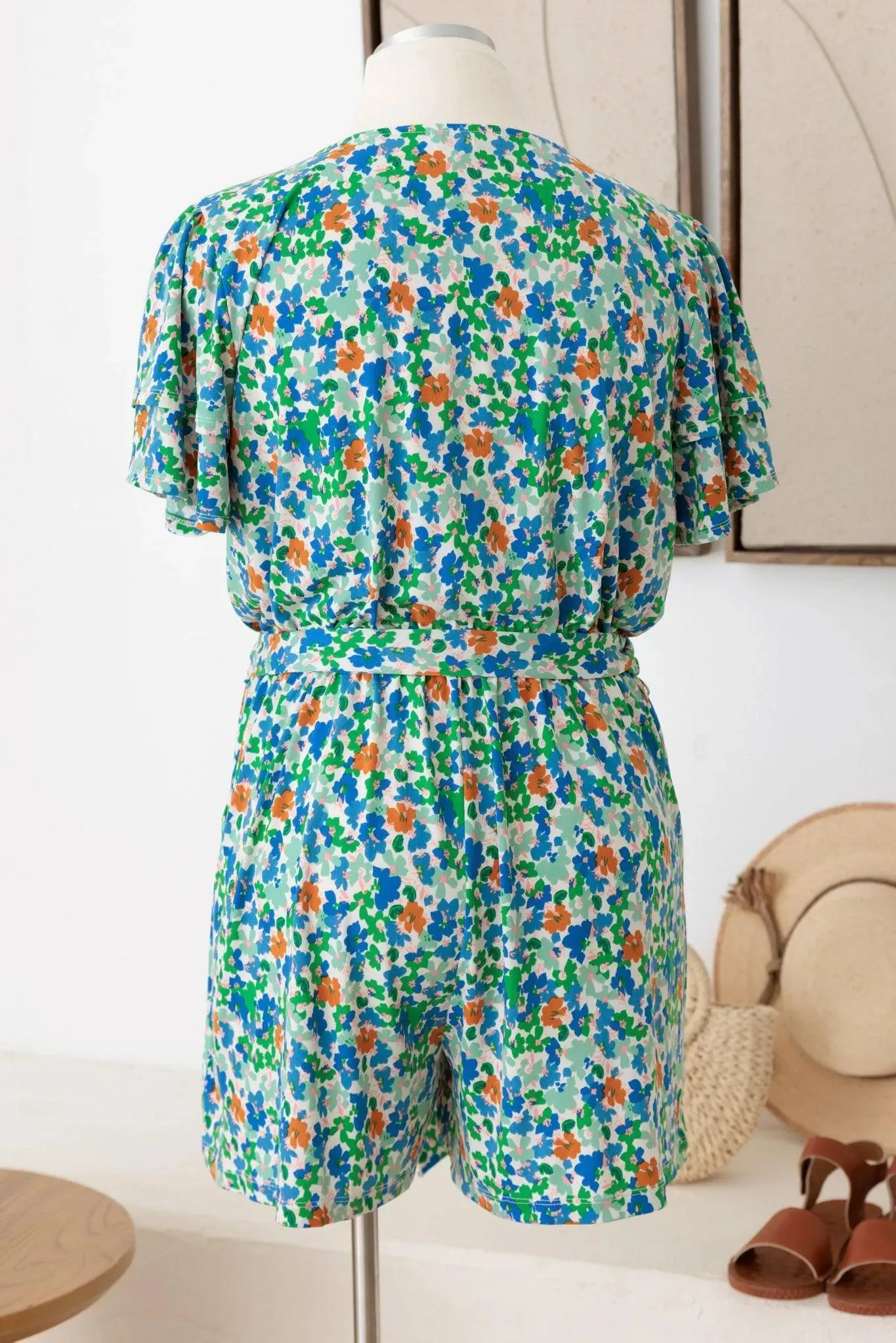 Plus Size Belted Layered Ditsy Warp Romper