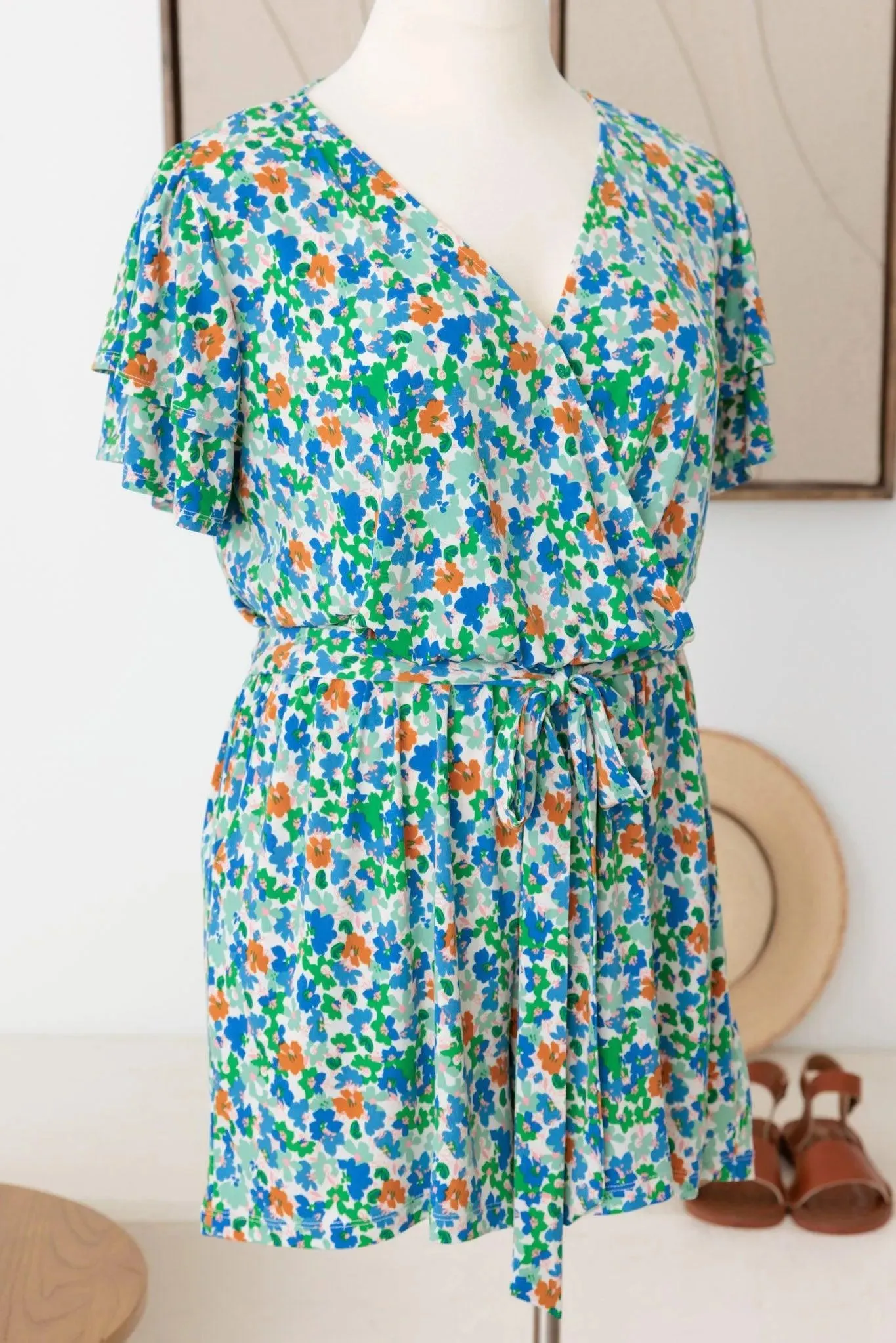 Plus Size Belted Layered Ditsy Warp Romper