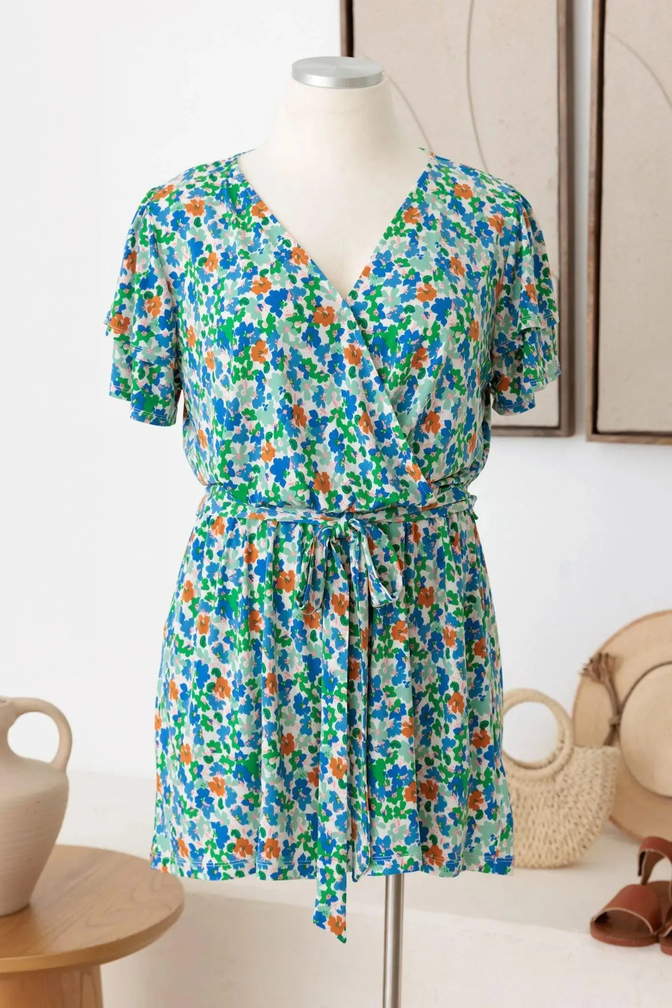 Plus Size Belted Layered Ditsy Warp Romper