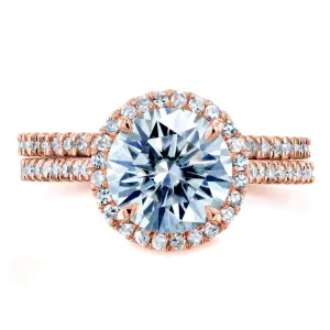 Round Brilliant Moissanite and Diamond Halo Bridal Wedding Rings Set 2 1/3 CTW 14k Rose Gold (DEF/VS, GH/I)