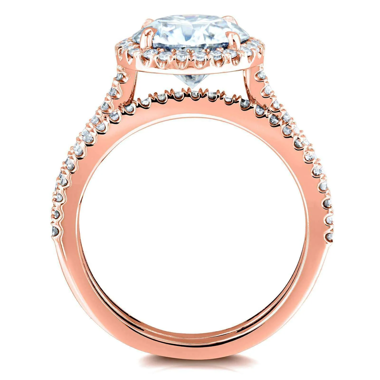 Round Brilliant Moissanite and Diamond Halo Bridal Wedding Rings Set 2 1/3 CTW 14k Rose Gold (DEF/VS, GH/I)