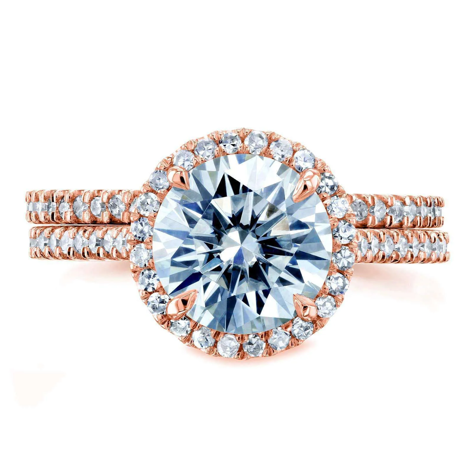 Round Brilliant Moissanite and Diamond Halo Bridal Wedding Rings Set 2 1/3 CTW 14k Rose Gold (DEF/VS, GH/I)