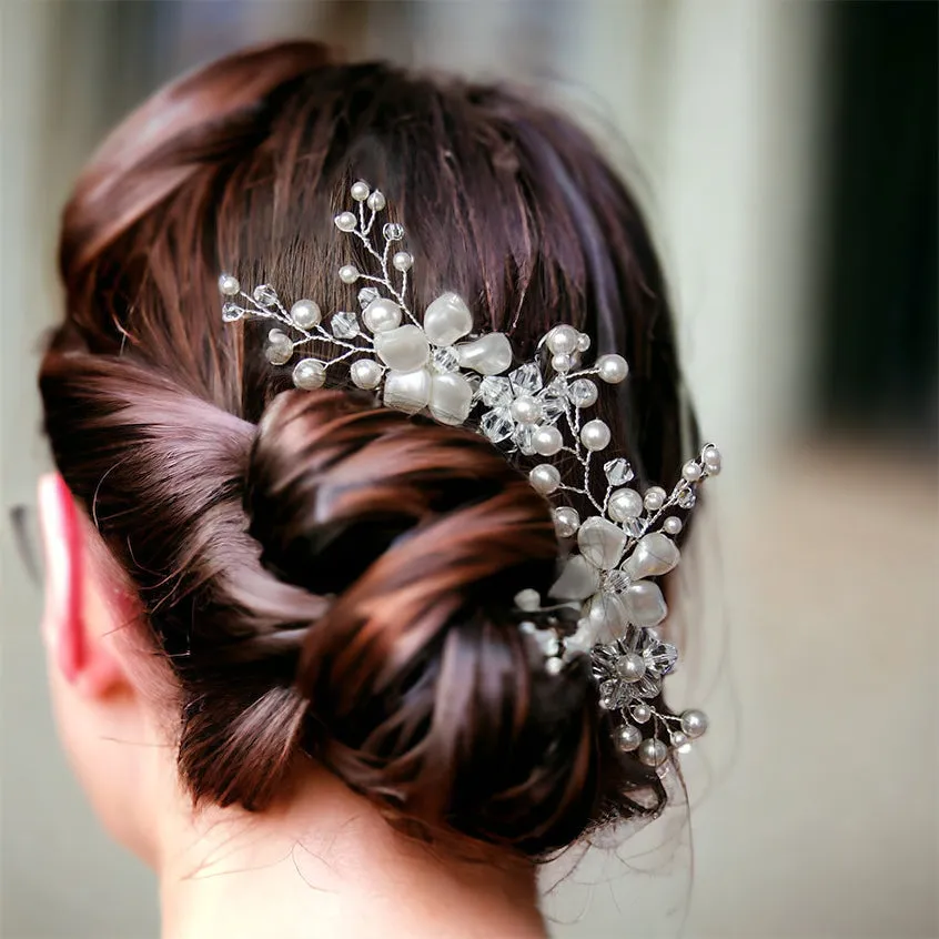 Set for 2 Petite Swarovski White Pearls Handmade Bridal Comb Set
