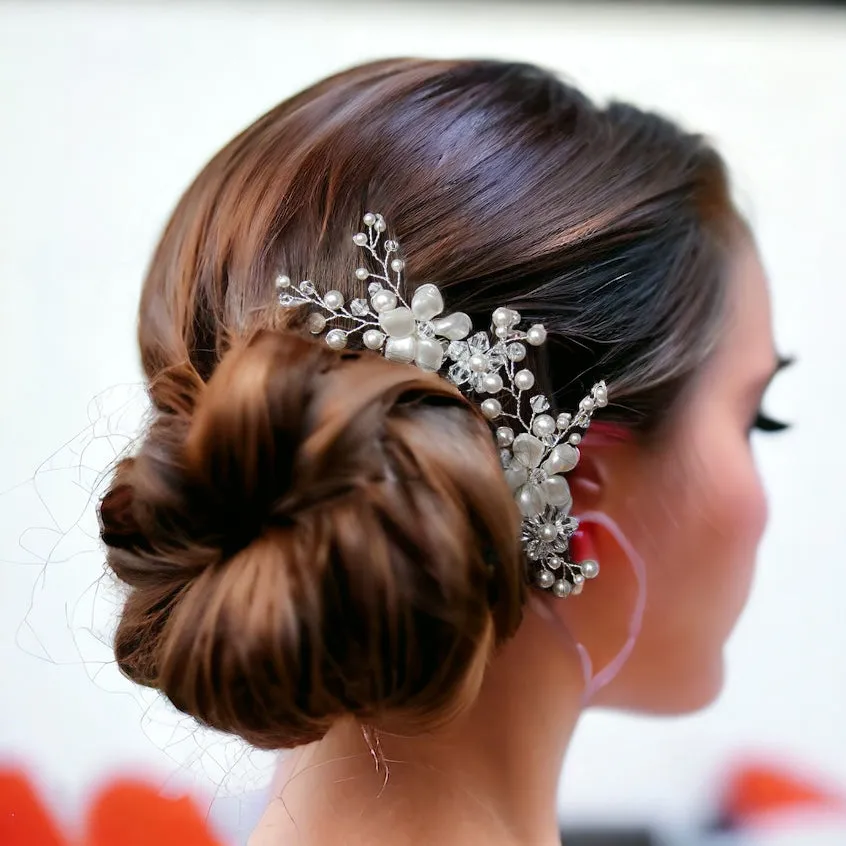 Set for 2 Petite Swarovski White Pearls Handmade Bridal Comb Set