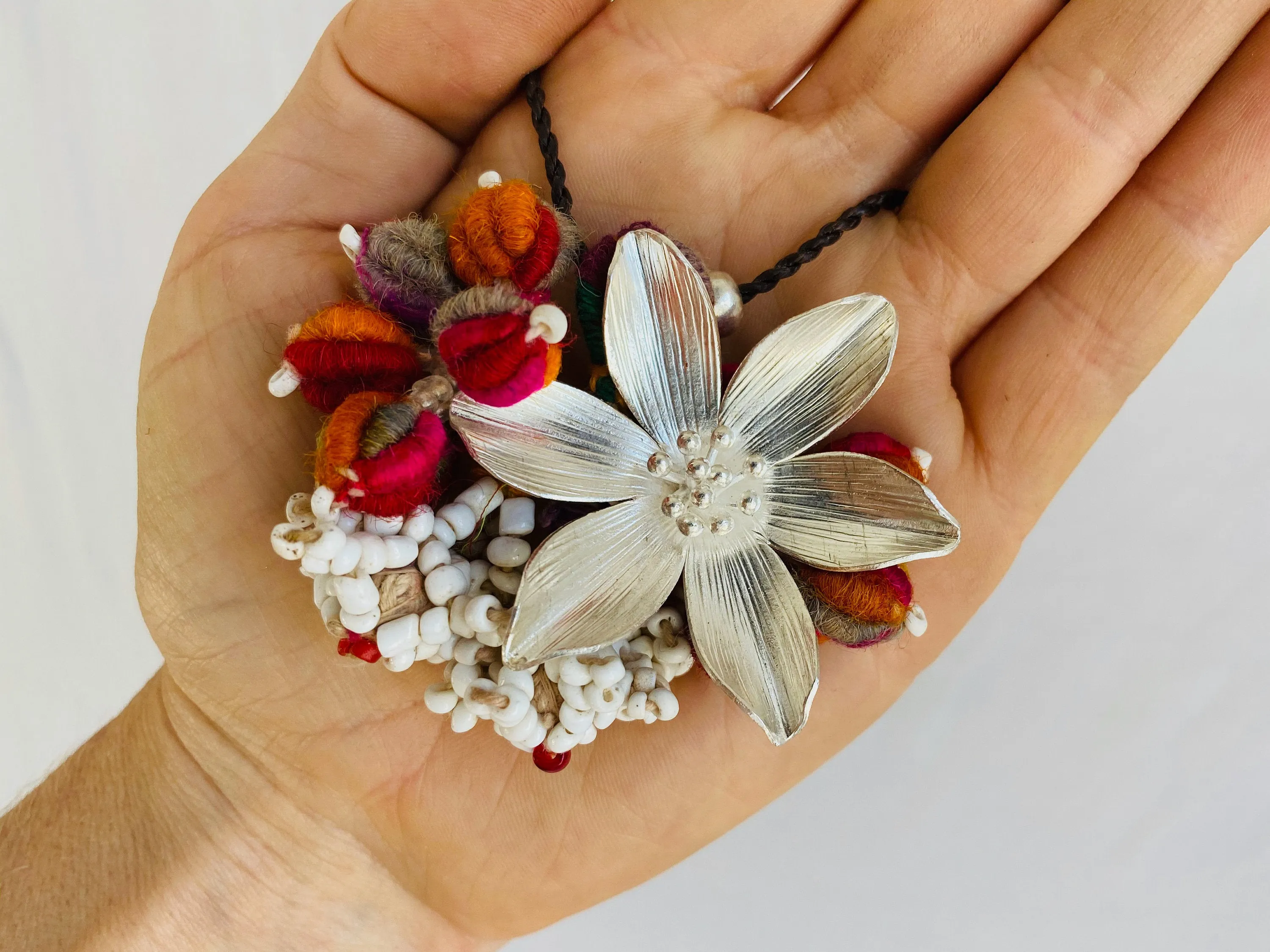 Silver Flower Necklace. Silk tassels .999 Silver.