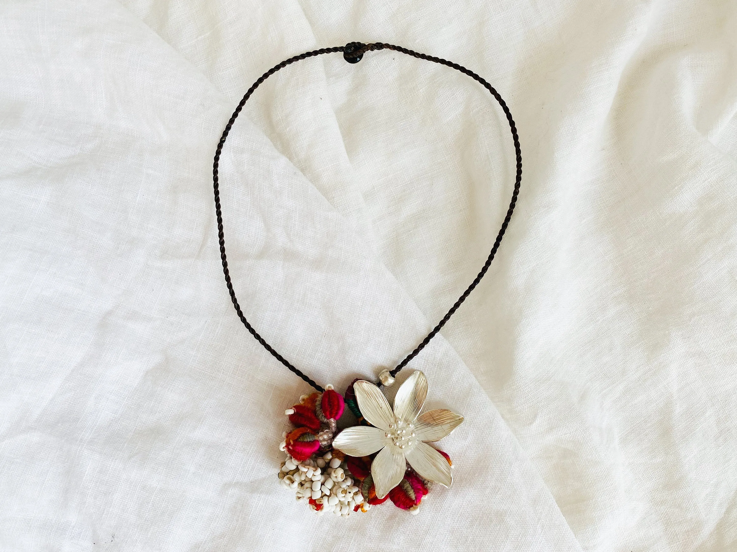 Silver Flower Necklace. Silk tassels .999 Silver.