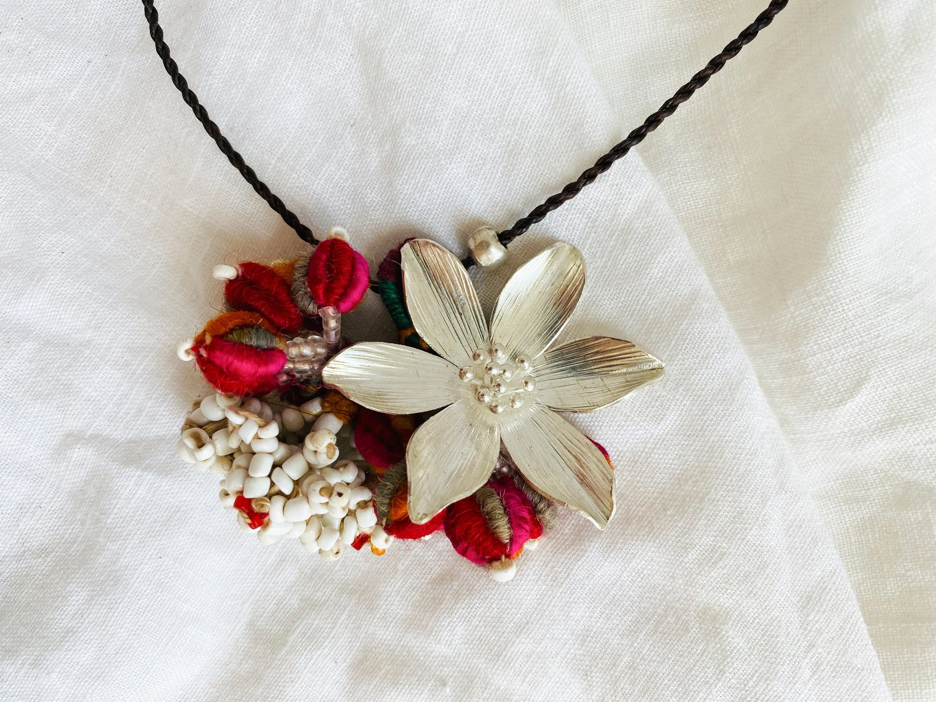 Silver Flower Necklace. Silk tassels .999 Silver.