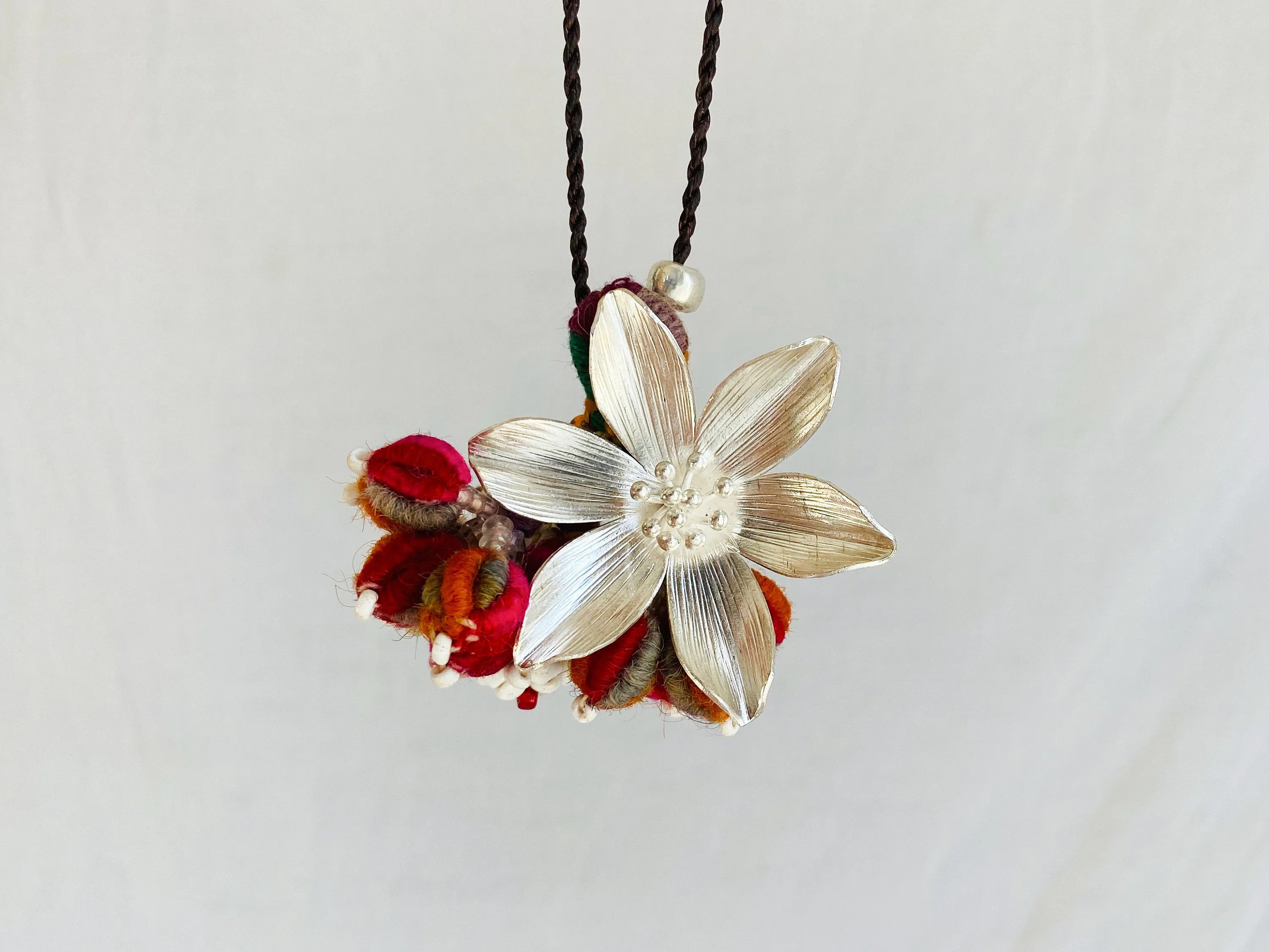 Silver Flower Necklace. Silk tassels .999 Silver.