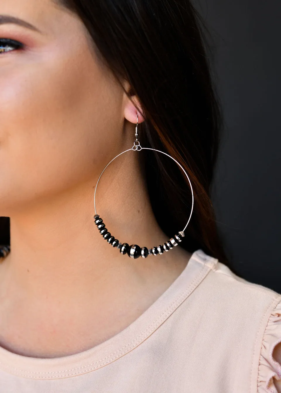 Silver Rondell Beaded Wire Dangle Hoop