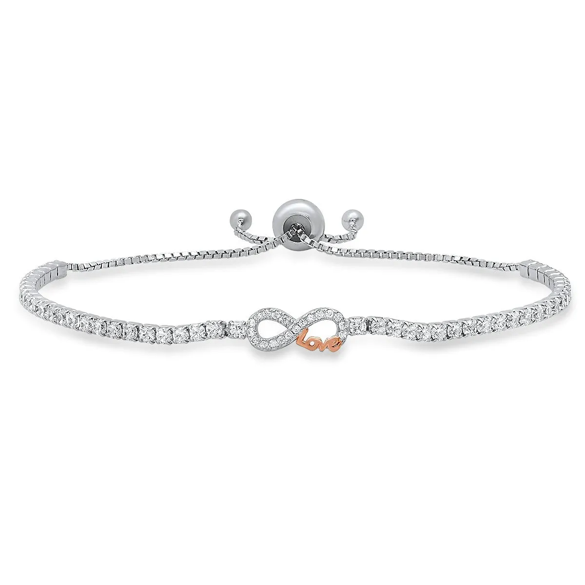Sterling Silver Petite Two-Tone "Love" Infinity CZ Adjustable Bracelet
