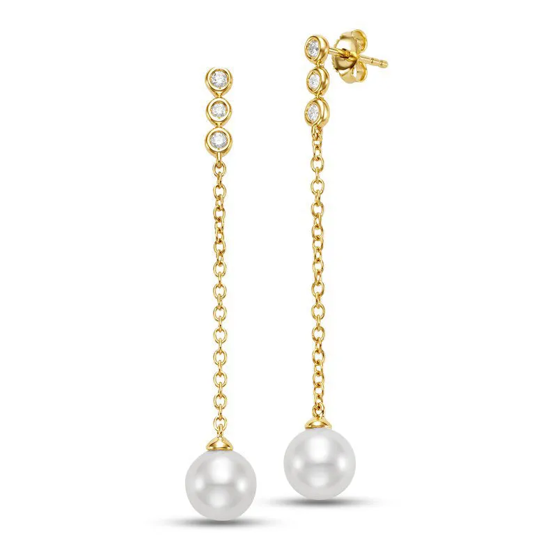 Triple Diamond & Pearl Drop Earrings