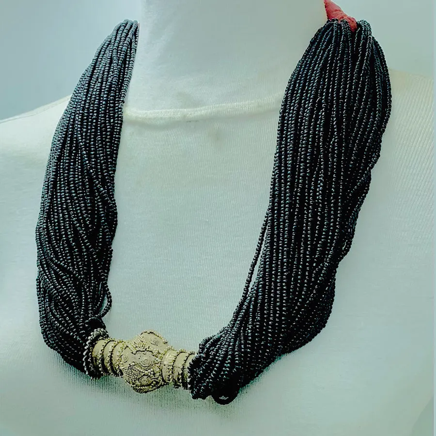 Unique Black Layered Beaded Tribal Necklace