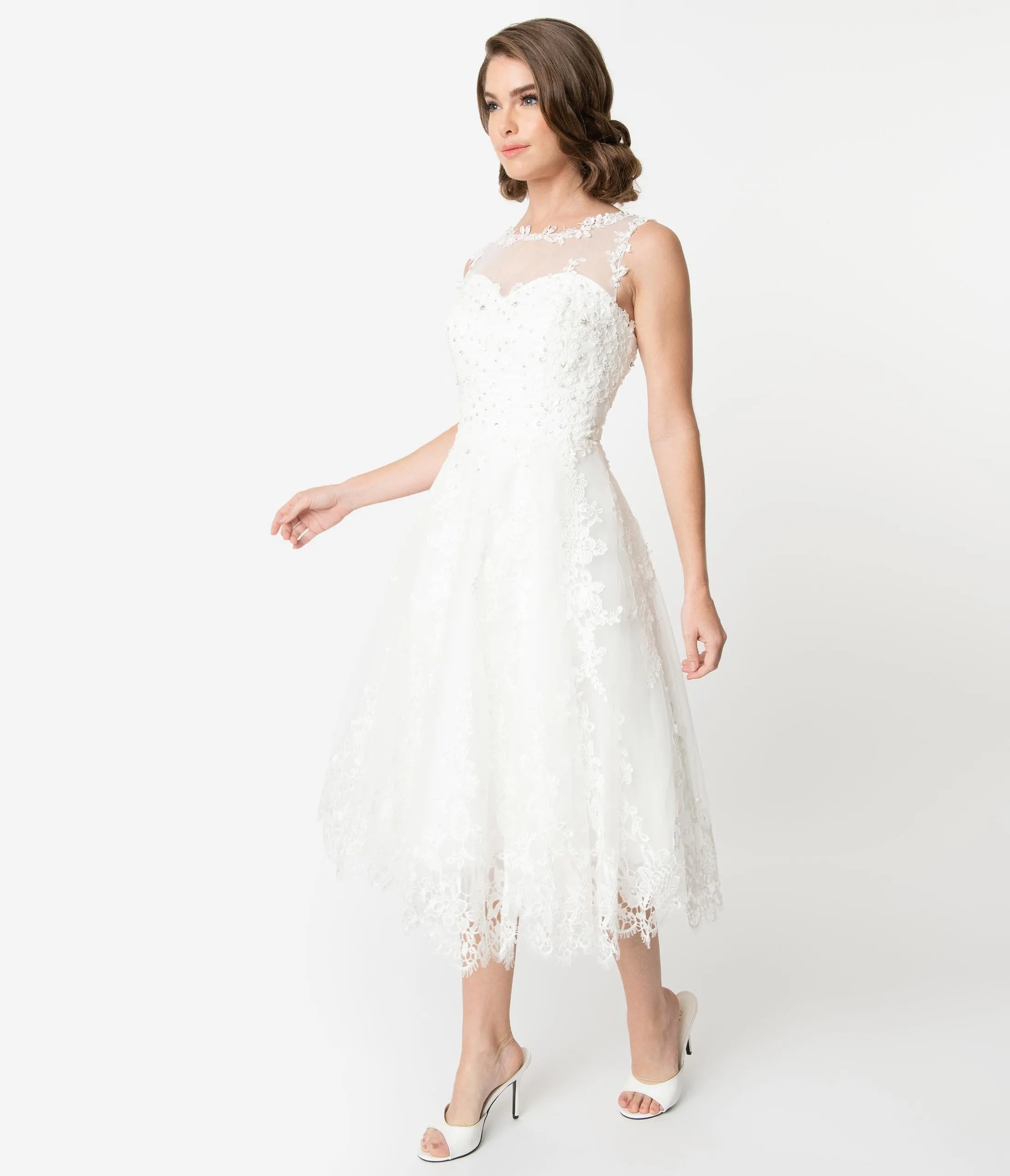 Unique Vintage 1950s Style Ivory Lace & Tulle Riviera Bridal Dress