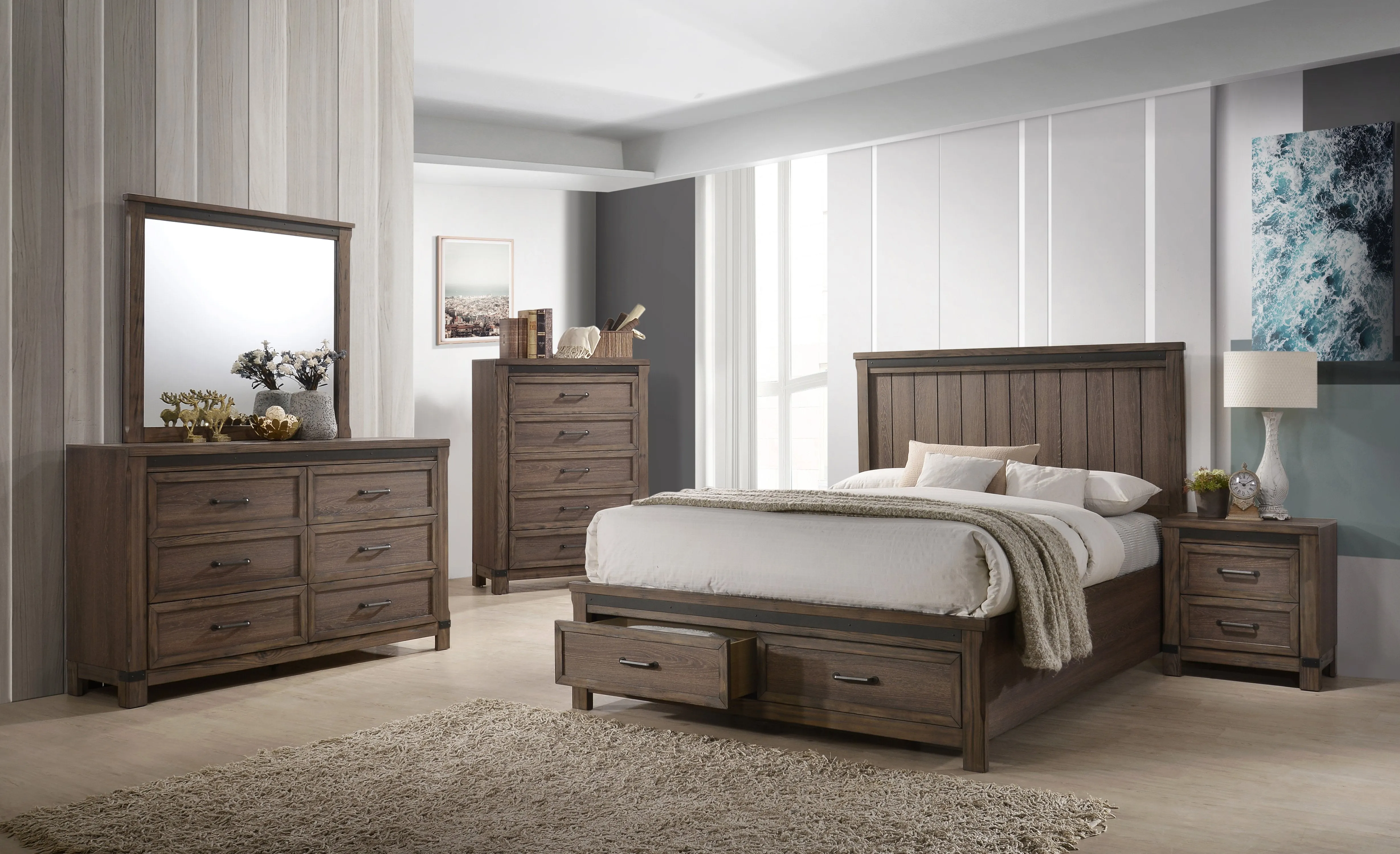 Verdandi 6-Piece Queen Bedroom Set with Storage - Rustic Oak