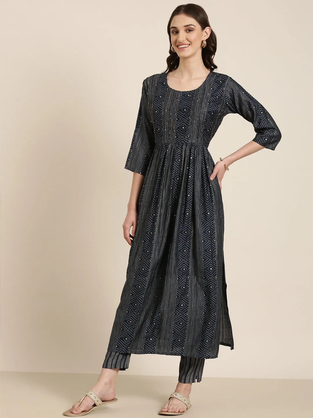 Women Navy Blue Printed Kurta Set