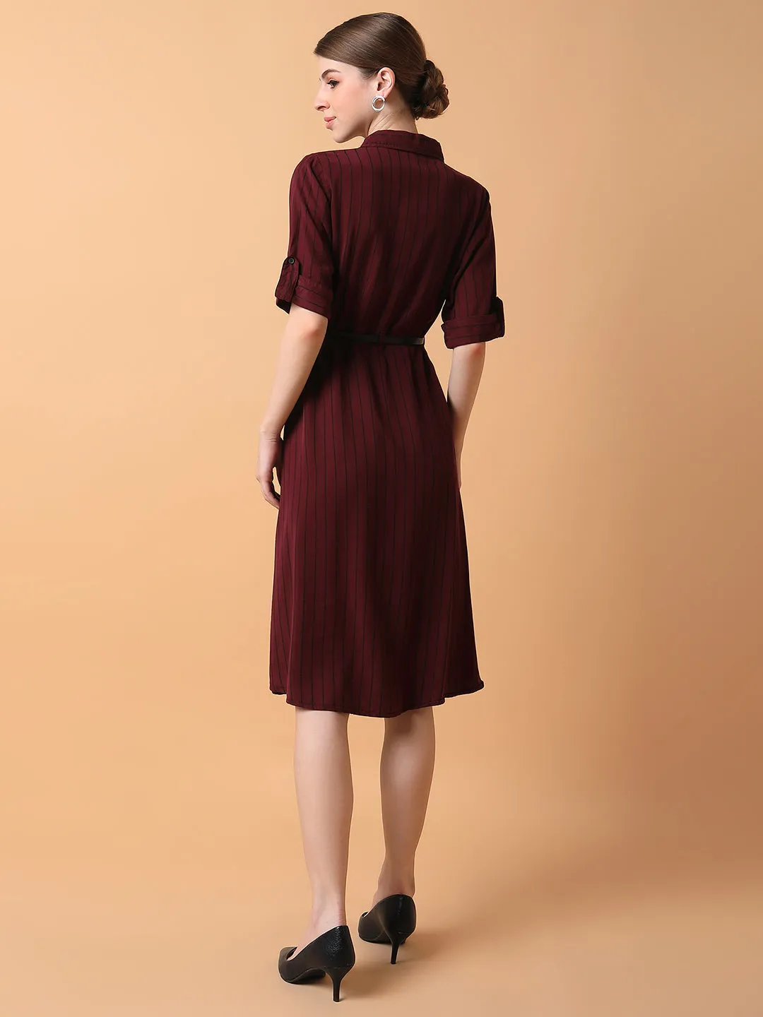 Women Striped Maroon Midi A-Line Dress with Belt