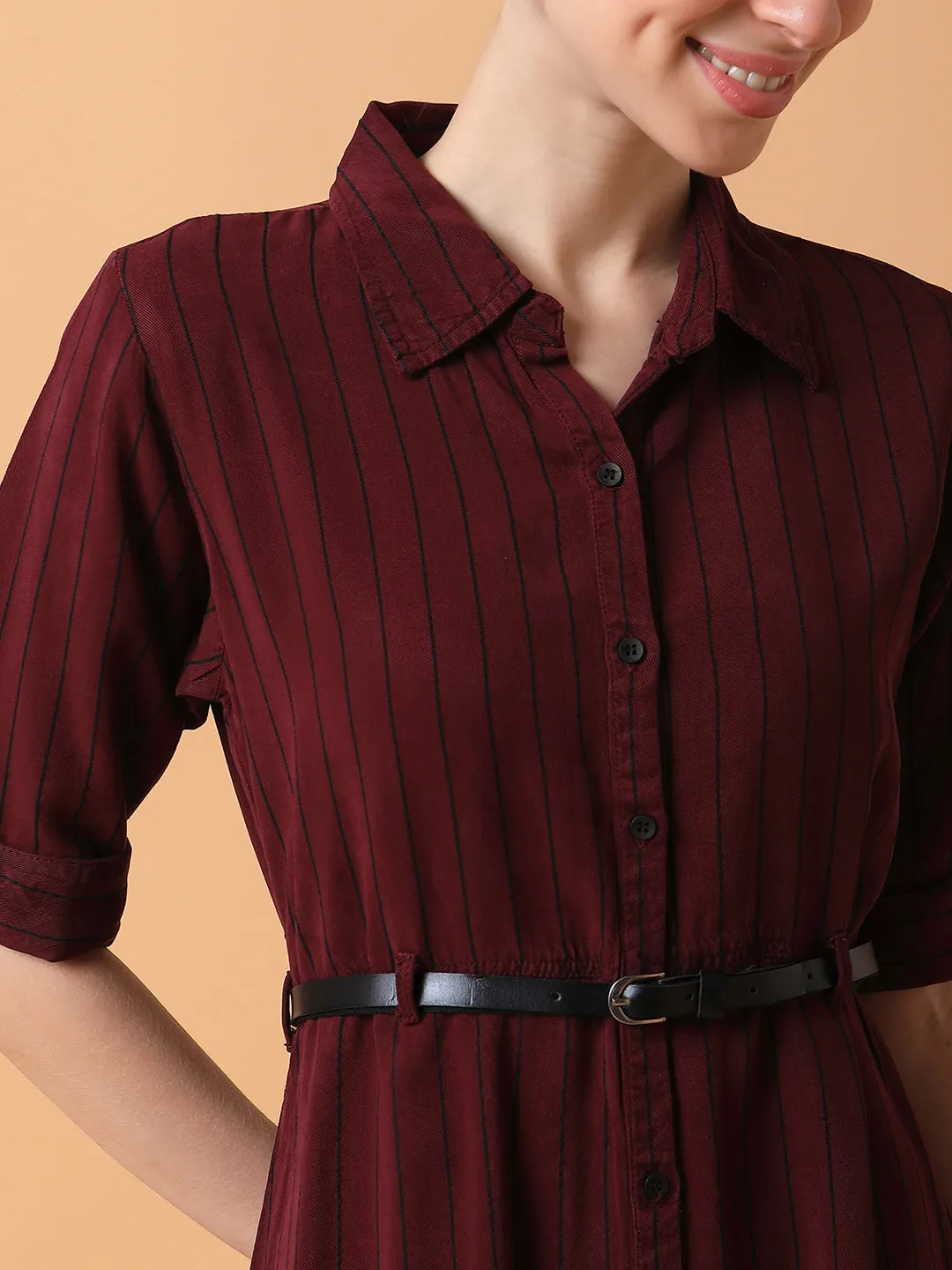 Women Striped Maroon Midi A-Line Dress with Belt