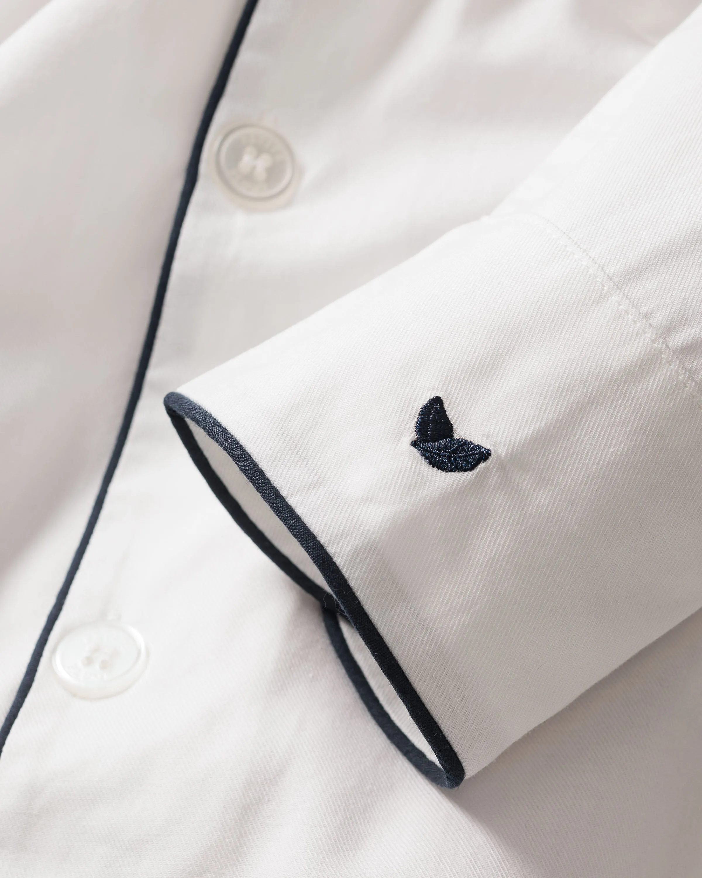 Women's Twill Pajama Set | White with Navy Piping