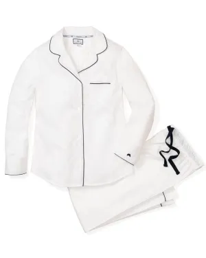 Women's Twill Pajama Set | White with Navy Piping