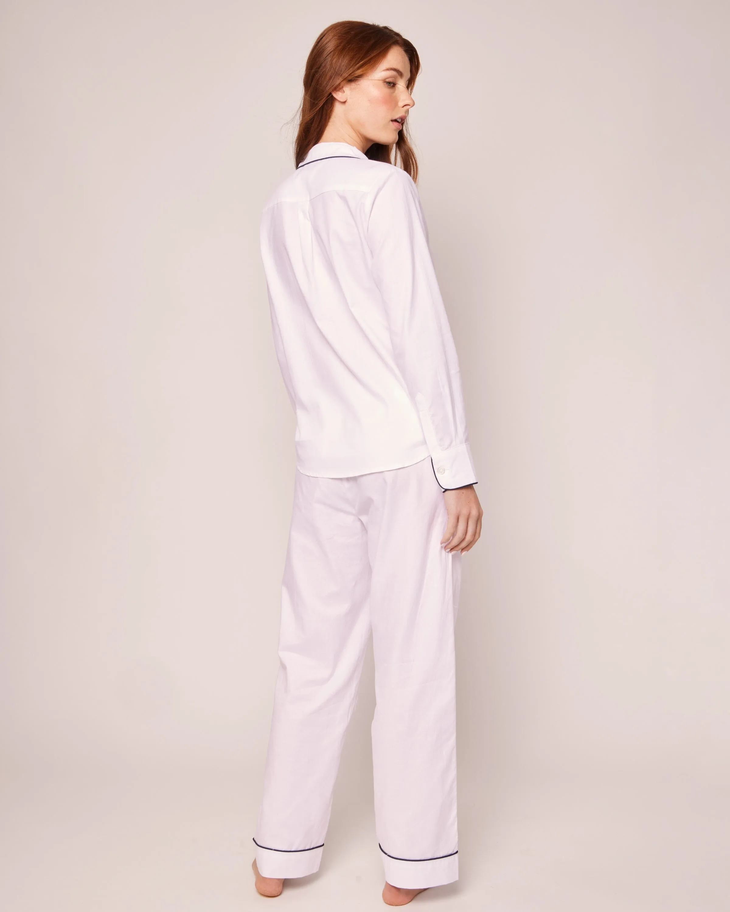 Women's Twill Pajama Set | White with Navy Piping