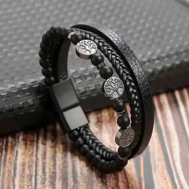 Wrap Bracelet Leather Mens Stack Polished Bead Tree Of Life